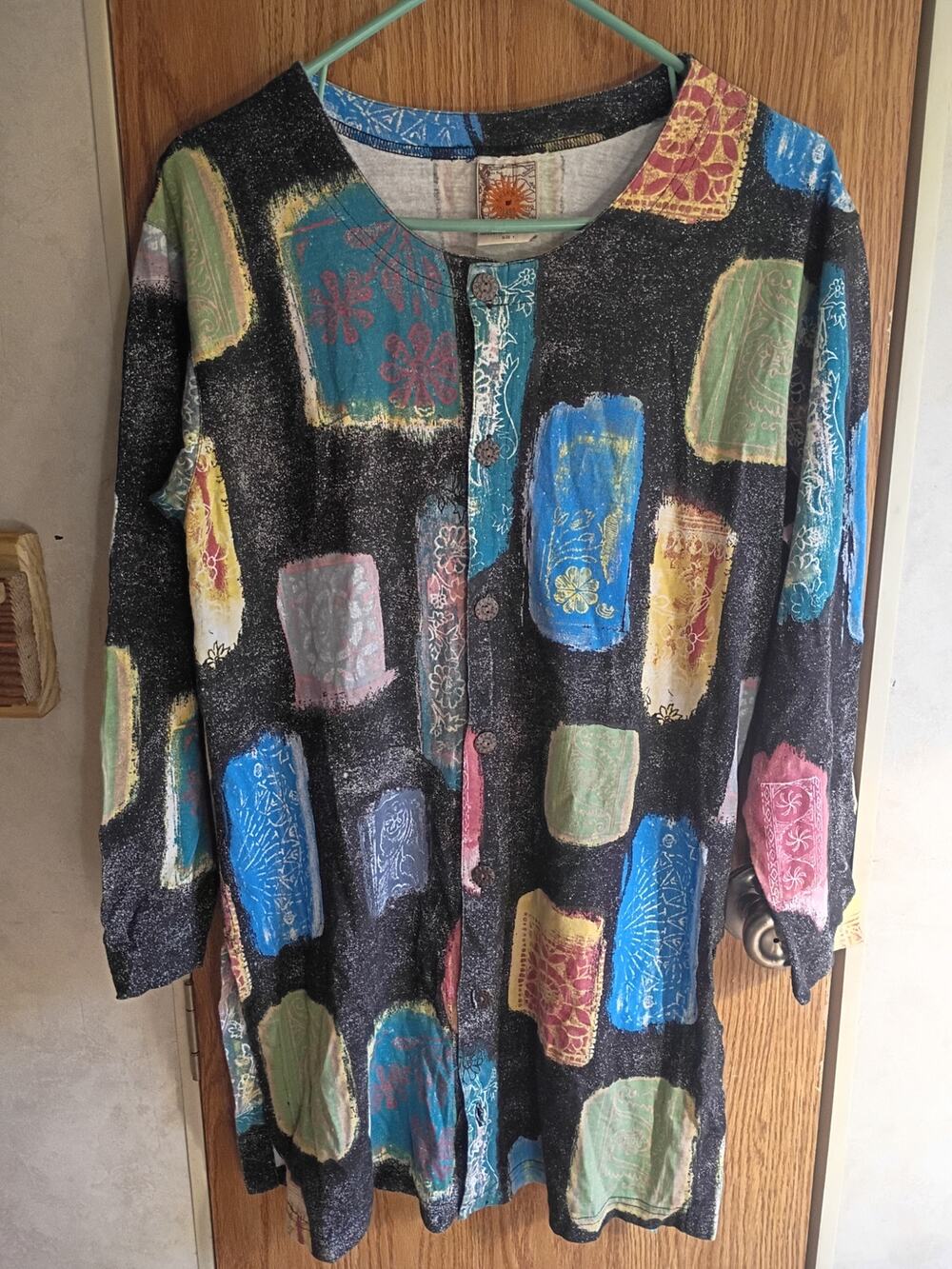 Vintage 90s Chico’s Tunic Medium Abstract Patchwork Cotton Artsy Boho Lagenlook